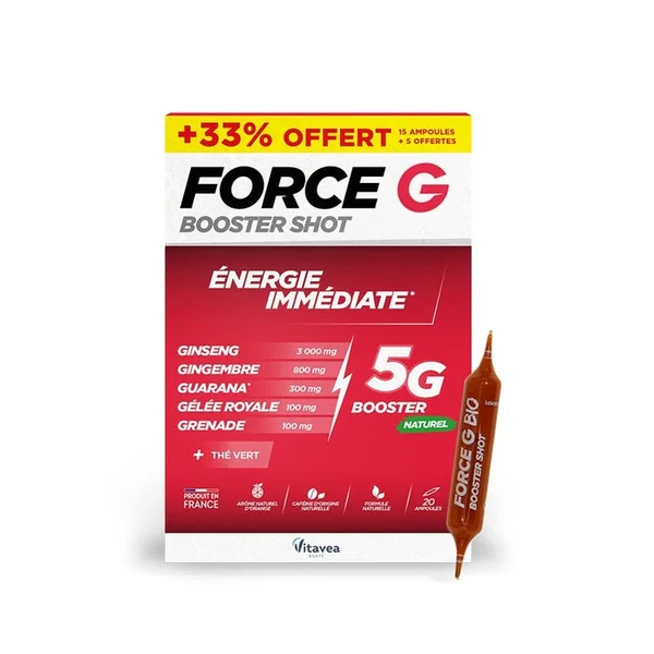 FORCE G - Booster Shot - Energie Immédiate, 15 Ampoules + 5 Offertes
