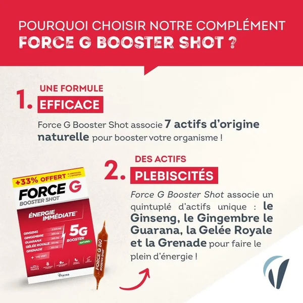 FORCE G - Booster Shot - Energie Immédiate, 15 Ampoules + 5 Offertes