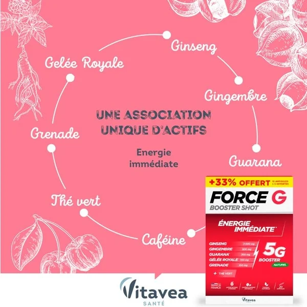FORCE G - Booster Shot - Energie Immédiate, 15 Ampoules + 5 Offertes