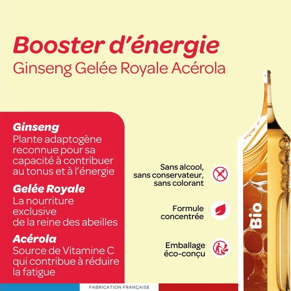 GINSENG GELÉE ROYALE ACÉROLA BIO - Booster d'Énergie, 20 Ampoules de 10ml