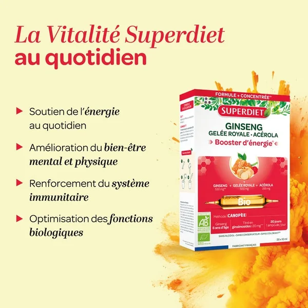 GINSENG GELÉE ROYALE ACÉROLA BIO - Booster d'Énergie, 20 Ampoules de 10ml