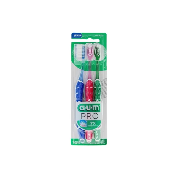GUM PRO Brosse à Dents Medium Trio Pack - Couleur : Bleu - Rose - Vert
