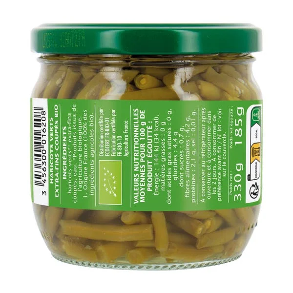 Haricots verts bio sans sel ajouté extra-fin coupés