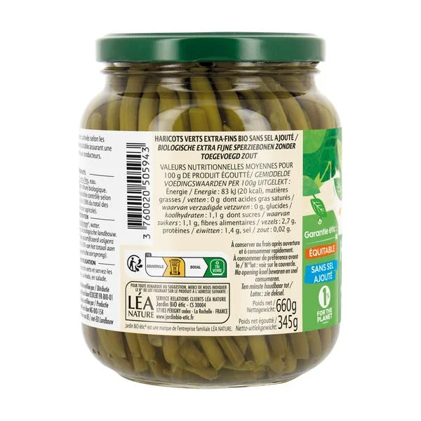 Haricots verts extra-fins sans Epices et Aromates ajouté - bio