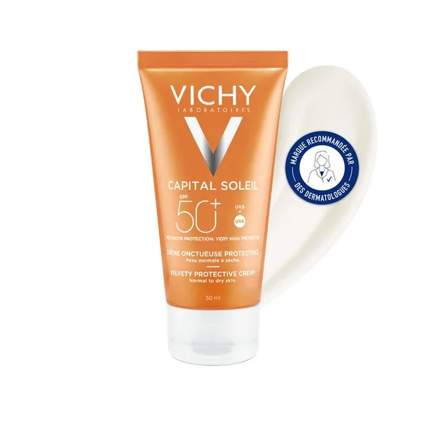 IDEAL SOLEIL - SPF50+ Crème Solaire Onctueuse Protectrice, Visage Peaux Sensibles Normales à Sèches, 50ML