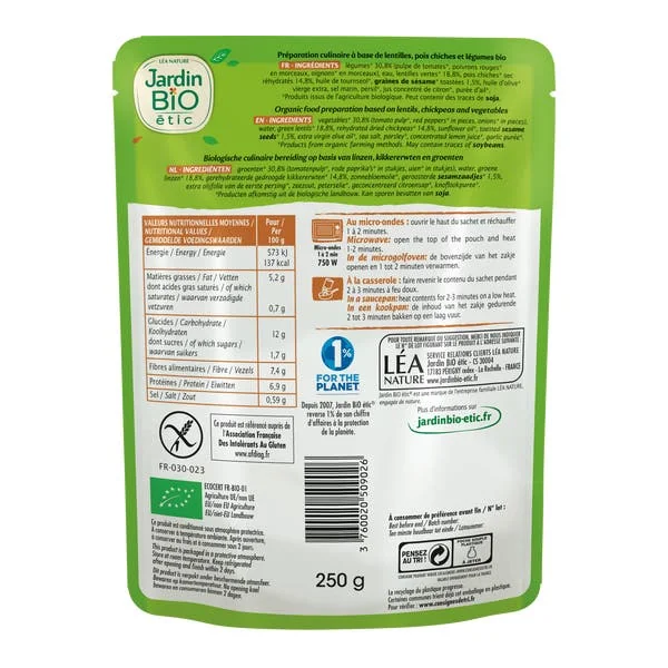Lentilles et pois chiches cuisinés sans gluten - bio