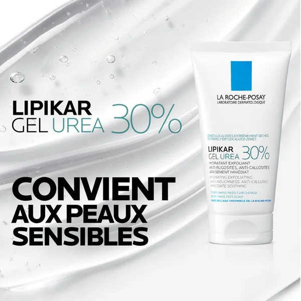 LIPIKAR GEL UREA 30% - Hydratant Exfoliant Anti-Rugosités Anti-Callosités - Corps, Mains, Pieds, Cuir chevelu, 50ml