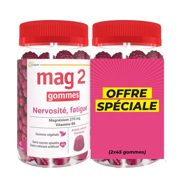 MAG 2 Gommes Framboise - Magnésium et Vitamine B6 - Nervosité Fatigue, 2x45 Gommes