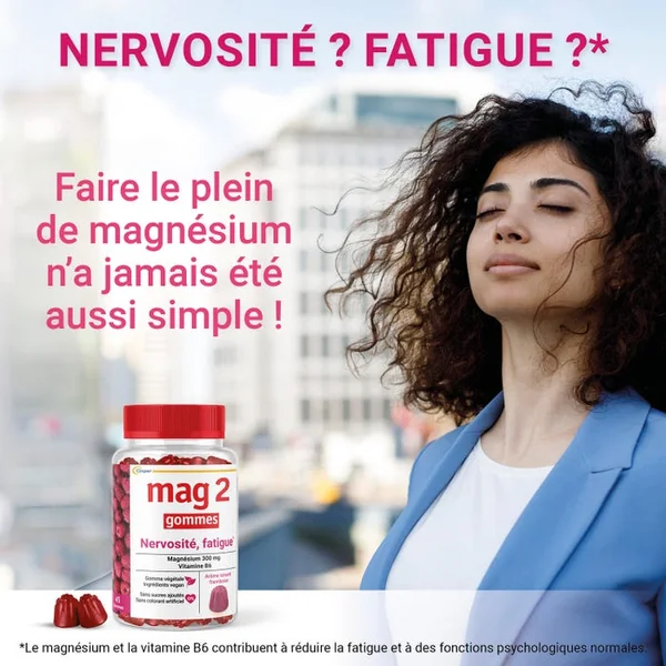 MAG 2 Gommes Framboise - Magnésium et Vitamine B6 - Nervosité Fatigue, 2x45 Gommes