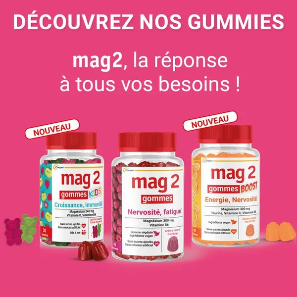 MAG 2 Gommes Framboise - Magnésium et Vitamine B6 - Nervosité Fatigue, 2x45 Gommes