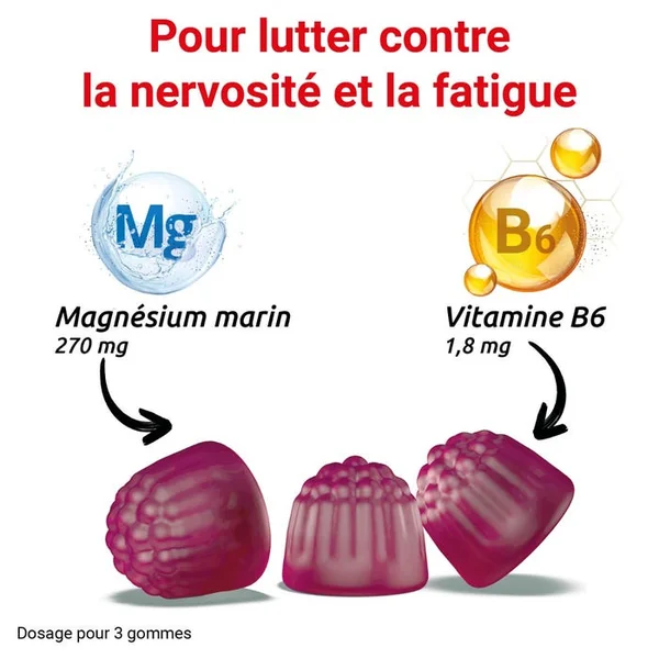 MAG 2 Gommes Framboise - Magnésium et Vitamine B6 - Nervosité Fatigue, 45 gummies