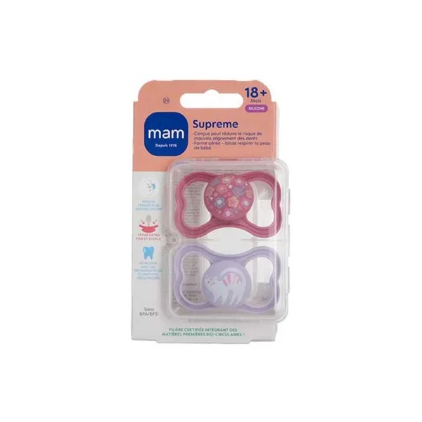 MAM 2 Sucettes Supreme 18 Mois et + - Modèle : Fleurs et Chaton
