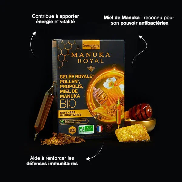 MANUKA ROYAL - Gelée Royale Pollen Propolis Miel de Manuka Bio, 20 ampoules buvable 10ml