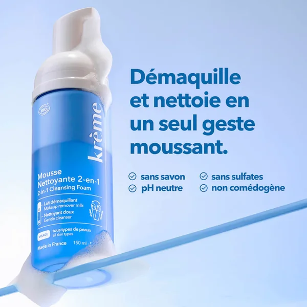 Mousse Nettoyante 2-en-1 Bio - Visage - Tous Types de Peau, 150ml