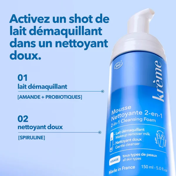 Mousse Nettoyante 2-en-1 Bio - Visage - Tous Types de Peau, 150ml