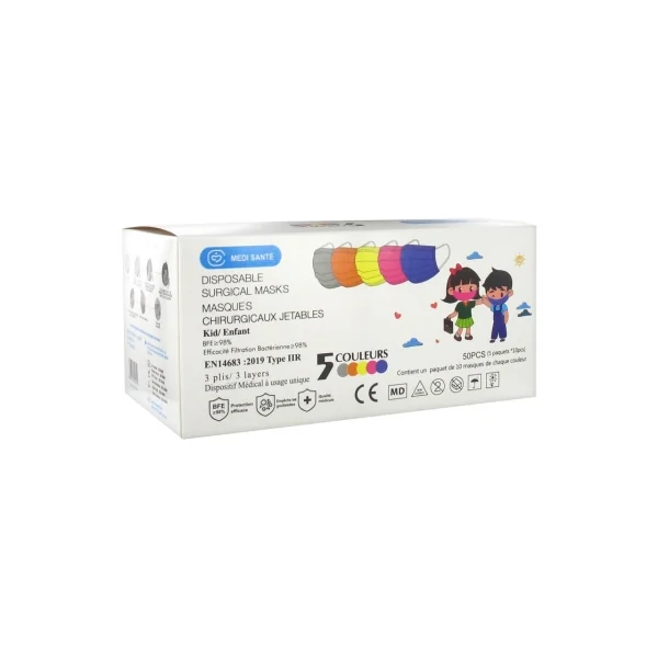 Médi-Santé Masque Chirurgical Jetable Enfant Type IIR EFB 98% 5 Couleurs 50 Masques