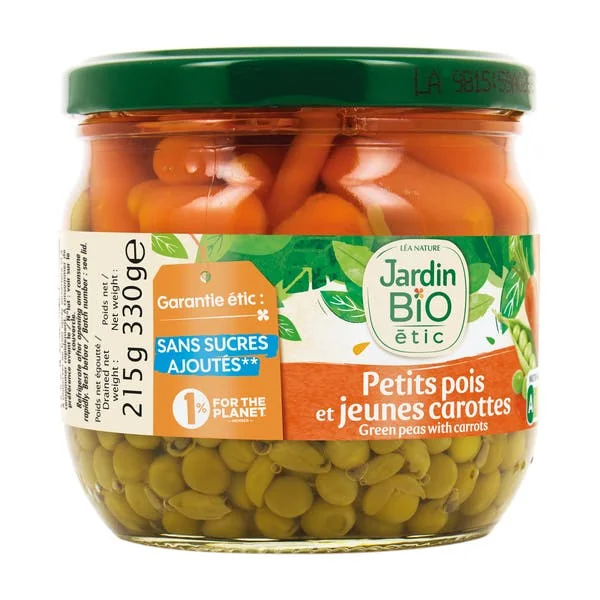 Petits pois bio et jeunes carottes