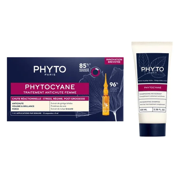 PHYTOCYANE - Coffret Traitement Antichute Réactionnelle Femme 12x5ml + Shampooing Revigorant 100ml
