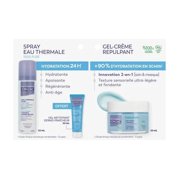 POCHON REHYDRATE - Spray d'Eau Thermale 50ml + Gel-Crème Repulpant 50ml + Gel Nettoyant Dermo-Fraîcheur 30ml Offert
