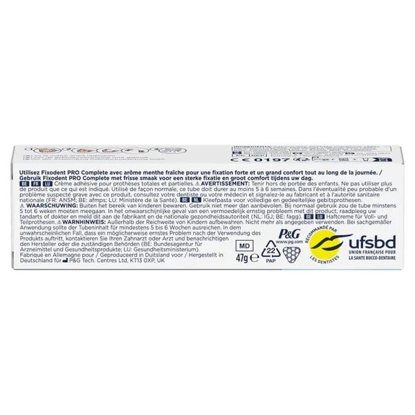 PRO COMPLETE FIXATION FORTE - Crème Adhésive Pour Prothèses Totales et Partielles Arôme Frais, 47ml