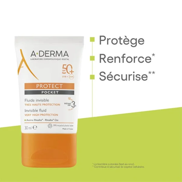PROTECT POCKET - Fluide Solaire Invisible SPF50+ - Visage et Cou - Peaux Mixtes à Grasses, 30ml