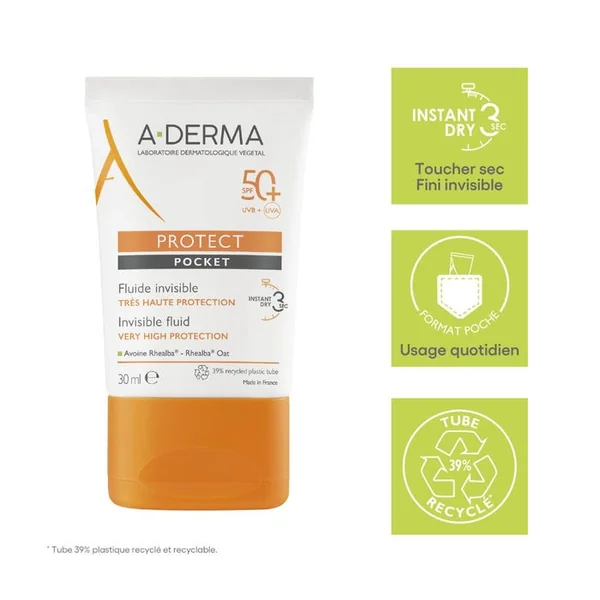 PROTECT POCKET - Fluide Solaire Invisible SPF50+ - Visage et Cou - Peaux Mixtes à Grasses, 30ml