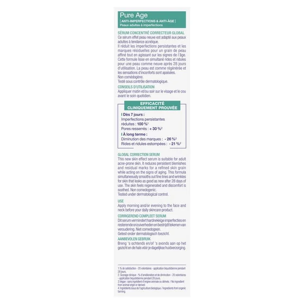 PURE AGE - Sérum Concentré Correcteur Global Bio - Visage - Peaux Adultes à Imperfections, 30ml