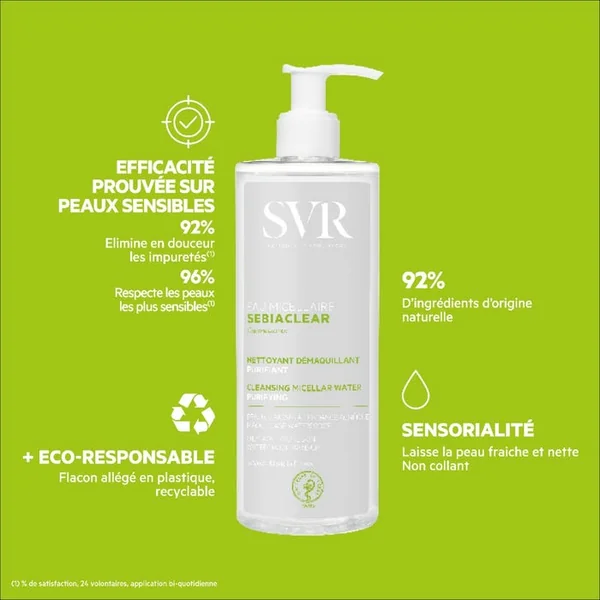 SEBIACLEAR - Eau Micellaire Purifiante et Nettoyante - Visage et Yeux - Peaux Grasses à Tendance Acnéique, 400ml