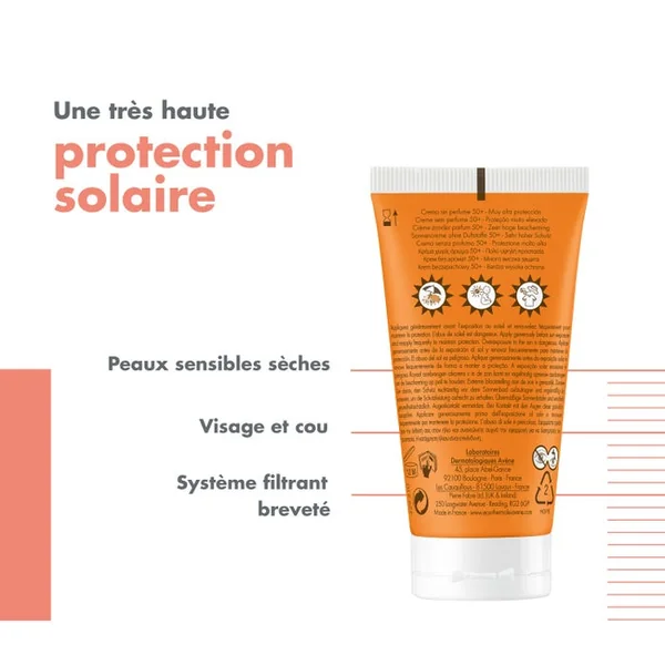 SOLAIRE - Crème Fini Invisible SPF50+ Sans Parfum - Visage - Peaux Sensibles et Sèches, 50ml
