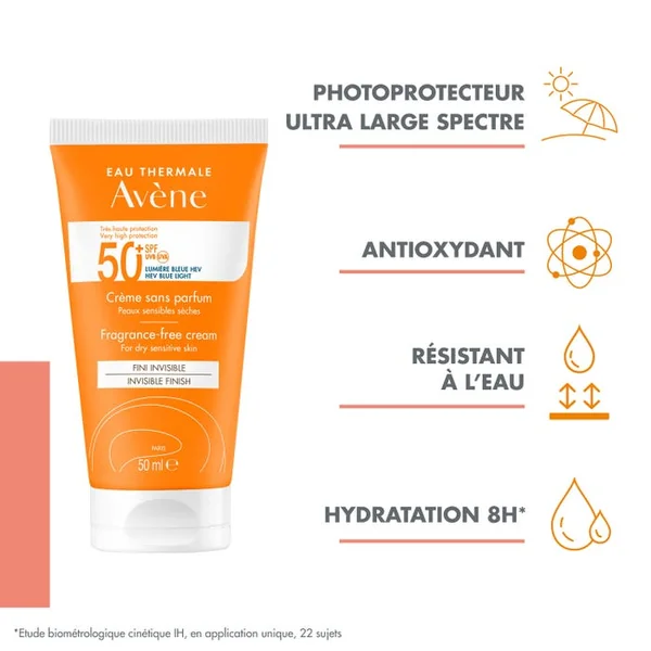 SOLAIRE - Crème Fini Invisible SPF50+ Sans Parfum - Visage - Peaux Sensibles et Sèches, 50ml