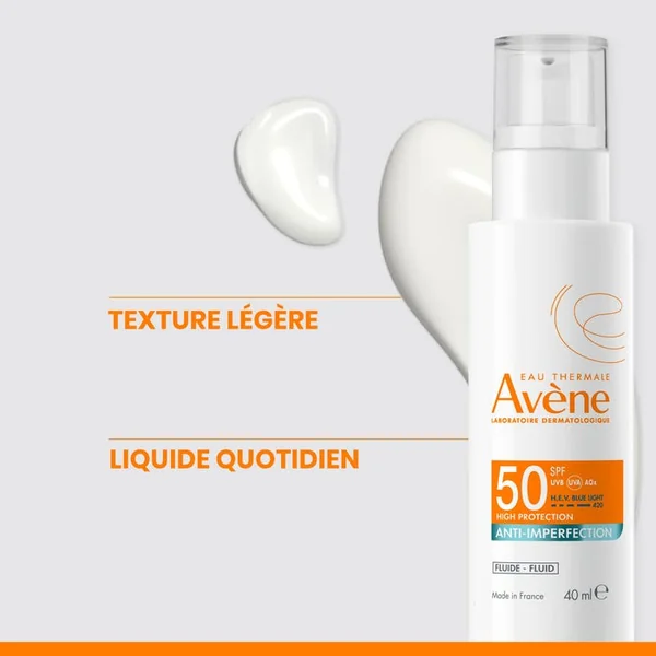 SOLAIRE - Fluide Anti-Imperfection SPF50 - Visage et Cou - Peaux Sensibles à Tendance Acnéique, 40ml