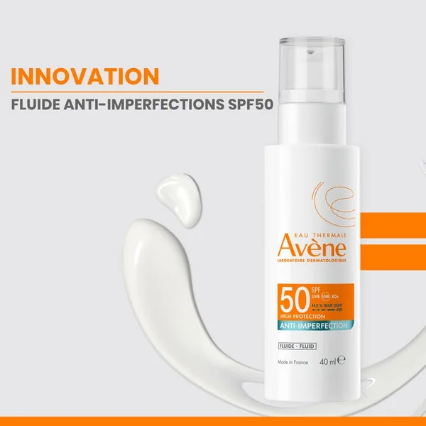 SOLAIRE - Fluide Anti-Imperfection SPF50 - Visage et Cou - Peaux Sensibles à Tendance Acnéique, 40ml