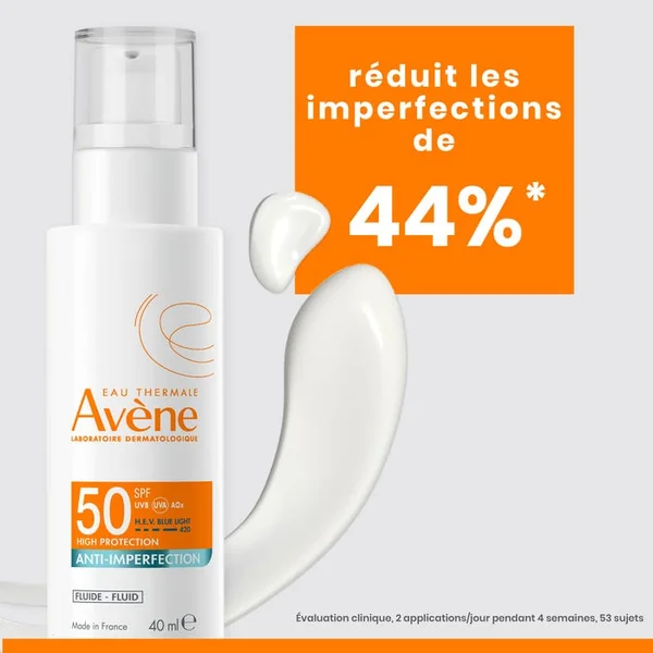 SOLAIRE - Fluide Anti-Imperfection SPF50 - Visage et Cou - Peaux Sensibles à Tendance Acnéique, 40ml