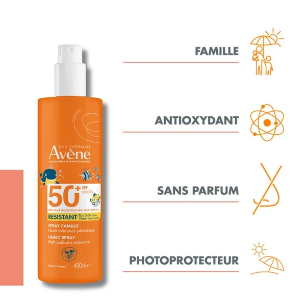 SOLAIRE - Spray Famille Enfant Résistant SPF50+ - Visage et Corps - Peaux Sensibles, 400ml