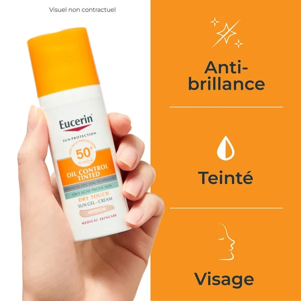 SUN PROTECTION - Sun Gel-Crème Solaire Oil Control Teinté Medium SPF50+ Toucher Sec - Visage - Peaux à Imperfections, 50ml