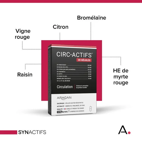 SYNACTIFS - CIRCActifs - Circulation, Jambes Lourdes - Vigne Rouge, Raisin, Citron - 30 gélules