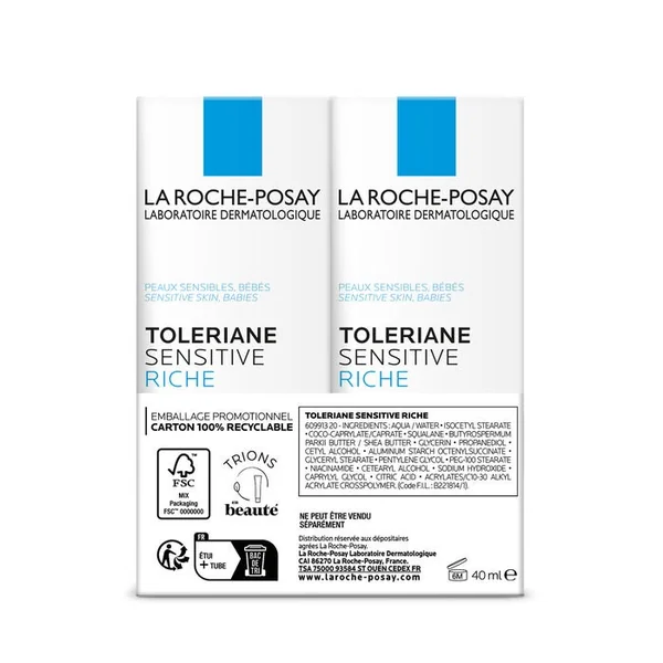 TOLERIANE SENSITIVE RICHE - Crème Hydratante Apaisante Anti Rougeurs - Peaux Sensibles Sèches, 2x40ml