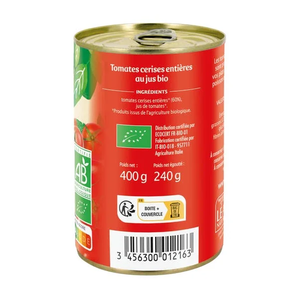 Tomates cerises entières au jus - bio
