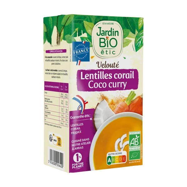 Velouté de légumes, lentilles corail, lait de coco et curry - bio