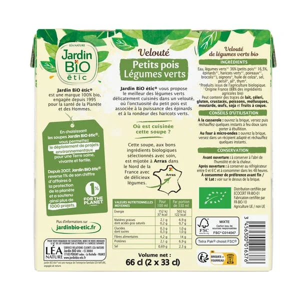Velouté petits pois légumes verts bio Format individuel