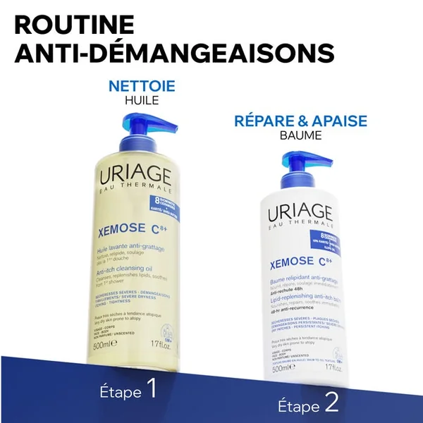 XEMOSE C8+ - Huile Lavante Anti-Grattage - Visage et Corps - Peaux Très Sèches à Tendance Atopique, 1L