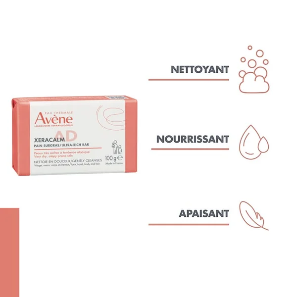 XERACALM AD - Pain Nettoyant Surgras - Visage, Corps et Cheveux - Peaux Très Sèches à Tendance Atopique, 100g