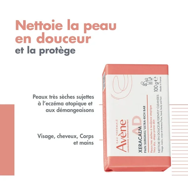 XERACALM AD - Pain Nettoyant Surgras - Visage, Corps et Cheveux - Peaux Très Sèches à Tendance Atopique, 100g